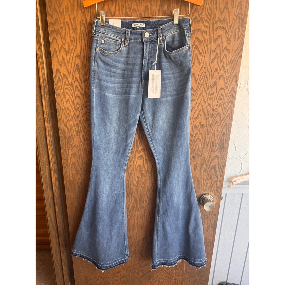 Dear John Women High Rise Flare Jeans Medium Wash Frayed Hem Size 26 NWT